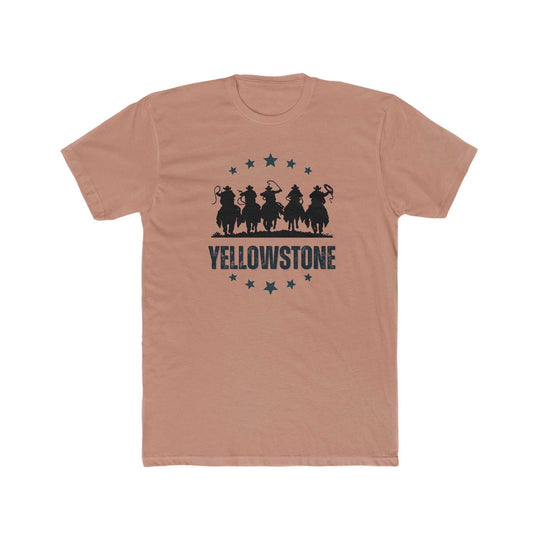 Yellowstone Tee: A premium fitted men’s t-shirt featuring a design of cowboys on horses and stars. Comfy, light, ribbed knit collar, roomy fit, 100% cotton, ideal for workouts or daily wear.