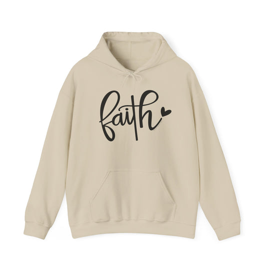 A beige Faith Hoodie with black text, featuring a kangaroo pocket and drawstring hood. Unisex heavy blend of cotton and polyester for warmth and comfort. Medium-heavy fabric, tear-away label, true to size.