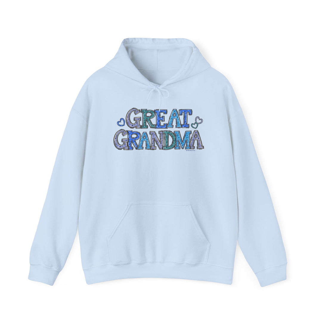 A cozy unisex Great Grandma Hoodie in light blue, featuring a kangaroo pocket and matching drawstring. Made of 50% cotton and 50% polyester for warmth and comfort. Classic fit, tear-away label, and true-to-size.