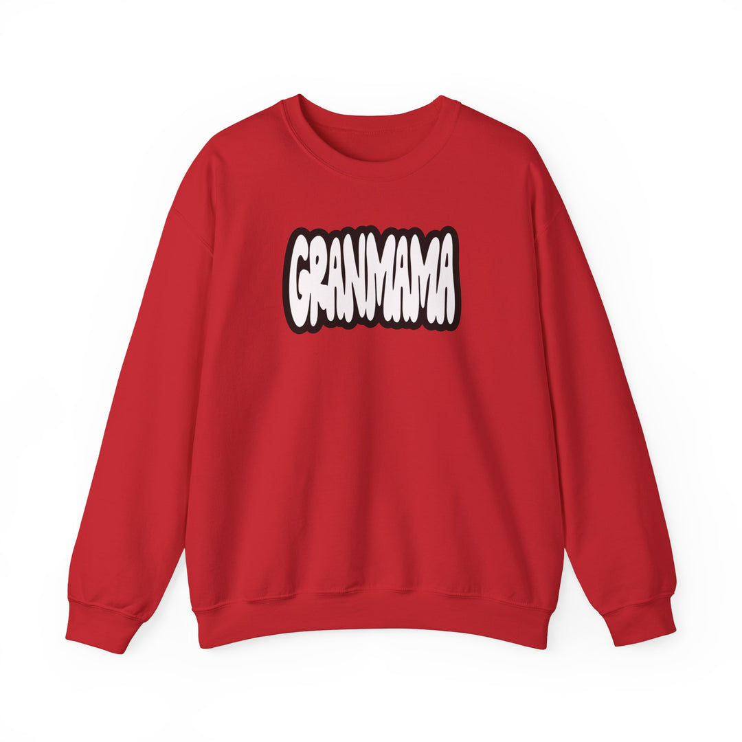 Granmama Crew unisex heavy blend crewneck sweatshirt, red with white text. Ribbed knit collar, no itchy side seams, 50% cotton, 50% polyester, loose fit, medium-heavy fabric. Sizes S to 5XL.
