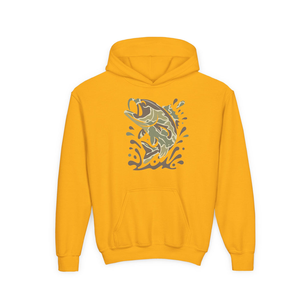 Camo Fish Youth Hoodie: Mustard-yellow pullover with camo fish design, kangaroo pocket, and drawstring hood, made of soft, preshrunk fleece.