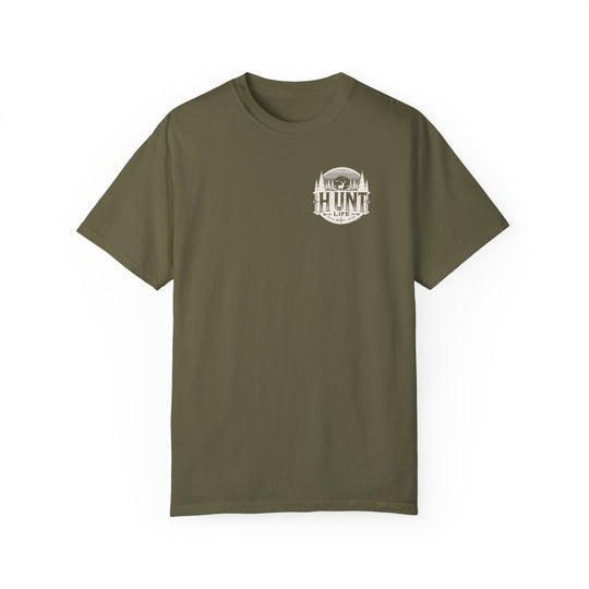 A ring-spun cotton Turkey Hunting Tee in green, featuring a deer and trees logo. Garment-dyed for coziness, with double-needle stitching for durability and a relaxed fit for daily wear.