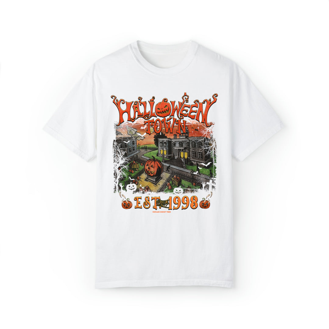 A relaxed-fit Halloweentown Tee in white with a graphic design. Unisex, garment-dyed sweatshirt made of 80% ring-spun cotton and 20% polyester. Features rolled-forward shoulder and back neck patch.
