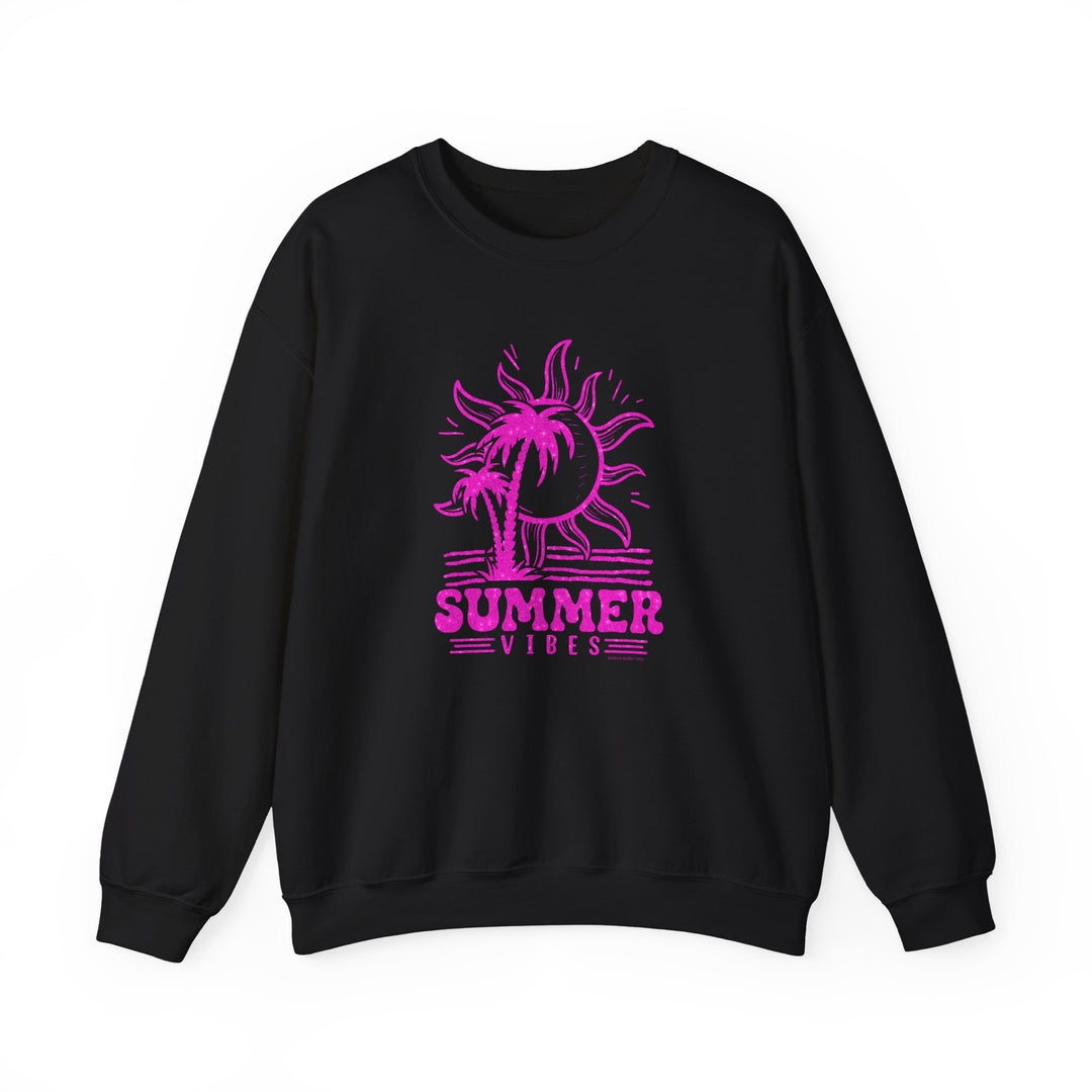 A black crewneck sweatshirt featuring pink summer-themed graphics like sun, palm trees, and a logo. Unisex heavy blend for comfort, ribbed knit collar, and no itchy side seams. Ideal for all occasions.