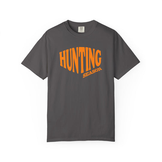 Charcoal Hunting Season tee with bold orange lettering, featuring a relaxed fit and durable cotton for comfort. Ideal for casual wear.