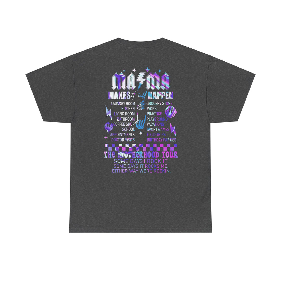 Unisex Ma/Ma Band Tee, back view, grey shirt with purple and blue text. Heavy cotton, seamless, durable, ribbed collar, classic fit. Sizes S-5XL. Ideal casual staple.