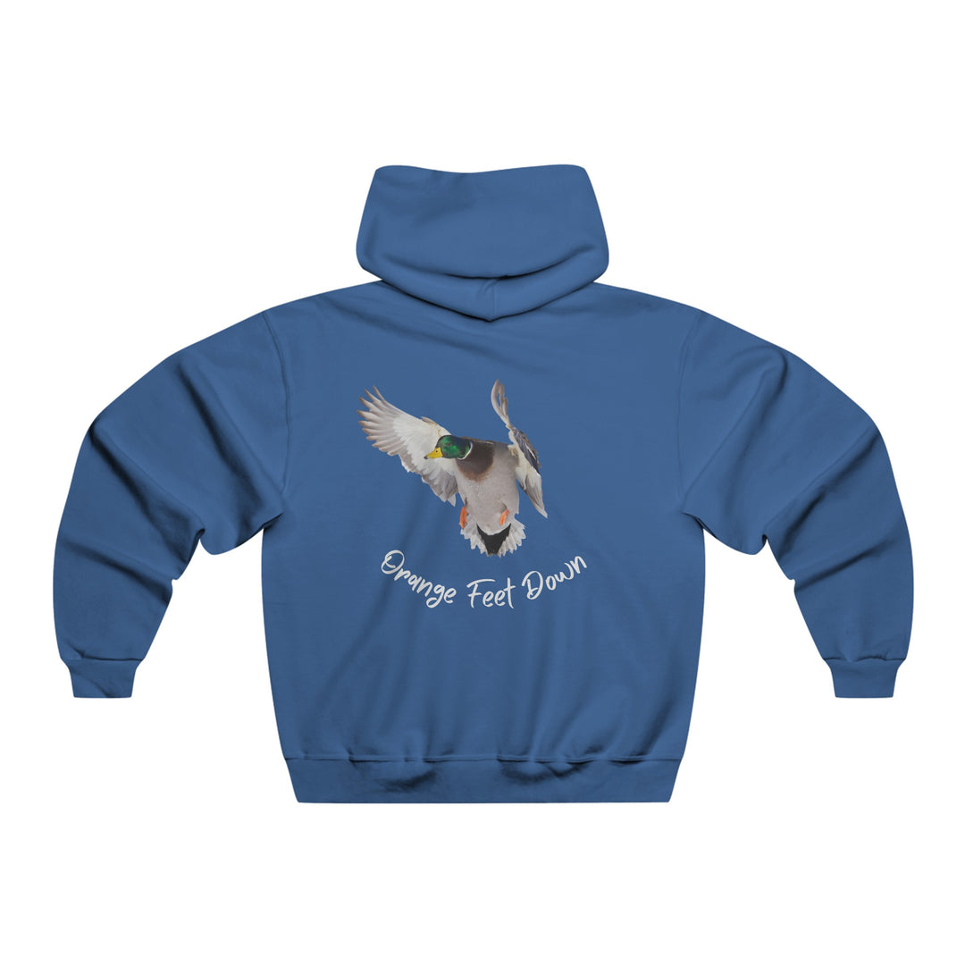 A blue hooded sweatshirt featuring a duck design, made of 50% cotton and 50% polyester blend. This JERZEES NuBlend® hoodie offers a loose fit, front pouch pocket, and smooth printing surface.