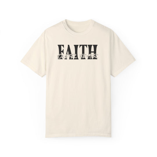 A white Faith Over Fear Tee, crafted from 100% ring-spun cotton. Garment-dyed for extra coziness, featuring a relaxed fit and durable double-needle stitching. Ideal for daily wear.