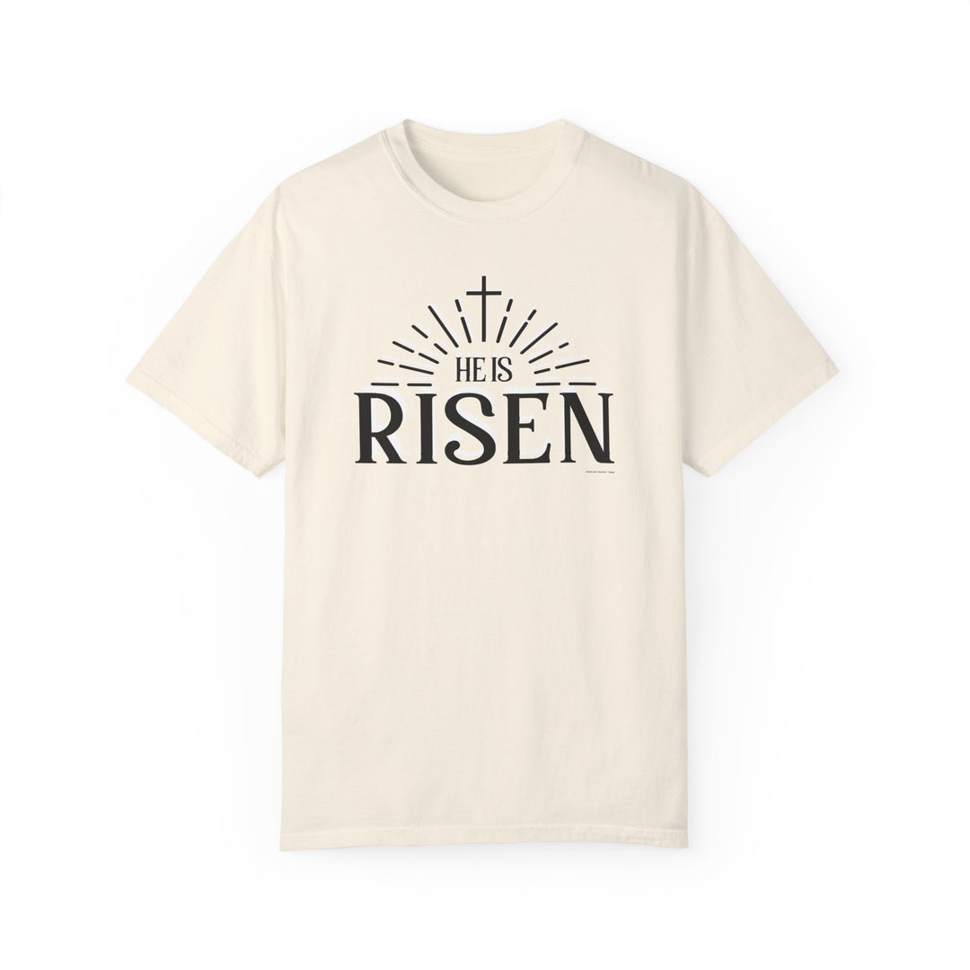 Relaxed fit He is Risen Tee, garment-dyed with ring-spun cotton for coziness. Double-needle stitching for durability, tubular shape, and no side-seams for comfort. Sizes S-4XL.