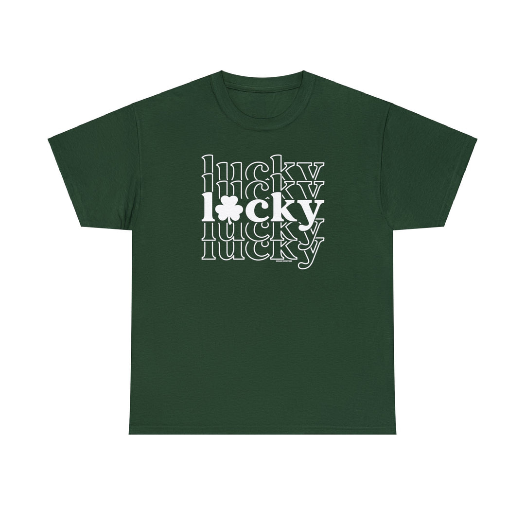Unisex Lucky Lucky Lucky Tee, a versatile staple with no side seams for comfort. Features durable tape on shoulders, ribbed knit collar, and medium weight fabric. Classic fit, 100% cotton.