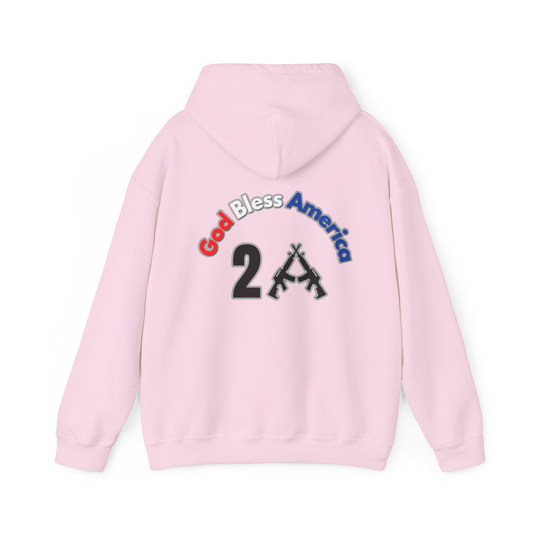 A pink hoodie with God Bless America 2A logo, featuring guns, a kangaroo pocket, and drawstring hood. Unisex heavy blend sweatshirt, 50% cotton, 50% polyester, classic fit, tear-away label, medium-heavy fabric.