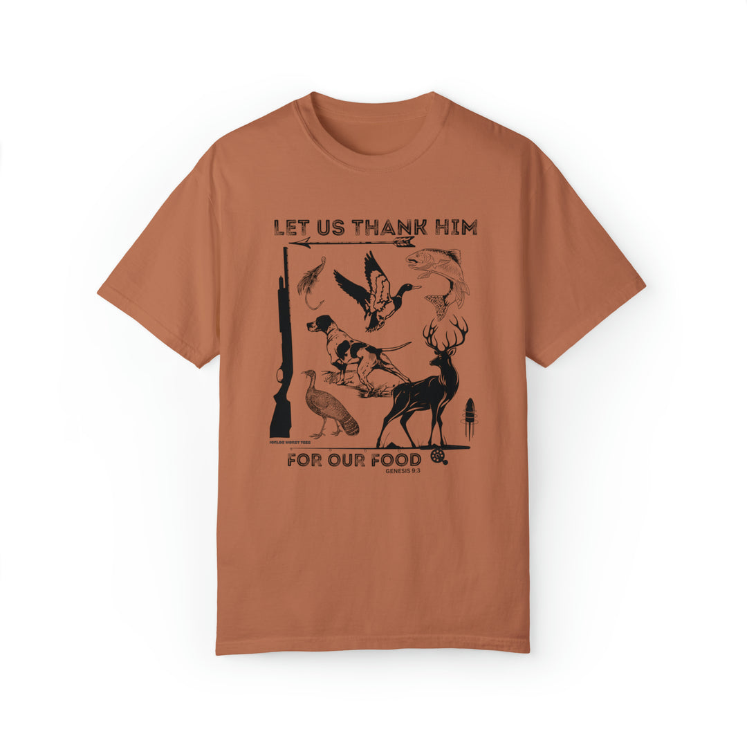 A brown t-shirt featuring a graphic design of animals and birds, embodying comfort and style. Unisex, garment-dyed sweatshirt made of 80% ring-spun cotton and 20% polyester, with a relaxed fit and rolled-forward shoulder.