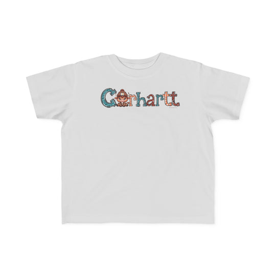 Cowhartt Toddler Tee featuring a cartoon cow and hat logo. Soft 100% combed ringspun cotton, tear-away label, classic fit. Perfect for sensitive skin, durable for first ventures. Sizes: 2T, 3T, 4T, 5-6T.