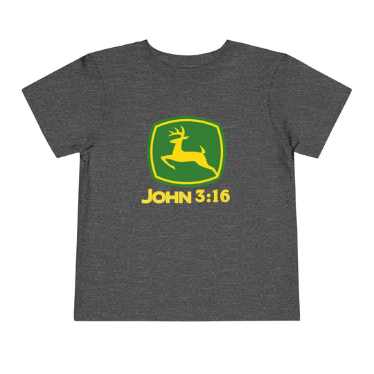 John 3:16 Toddler Tee features a parody John Deere logo, green shield with yellow deer, and John 3:16 text, on a dark-gray Bella Canvas shirt.