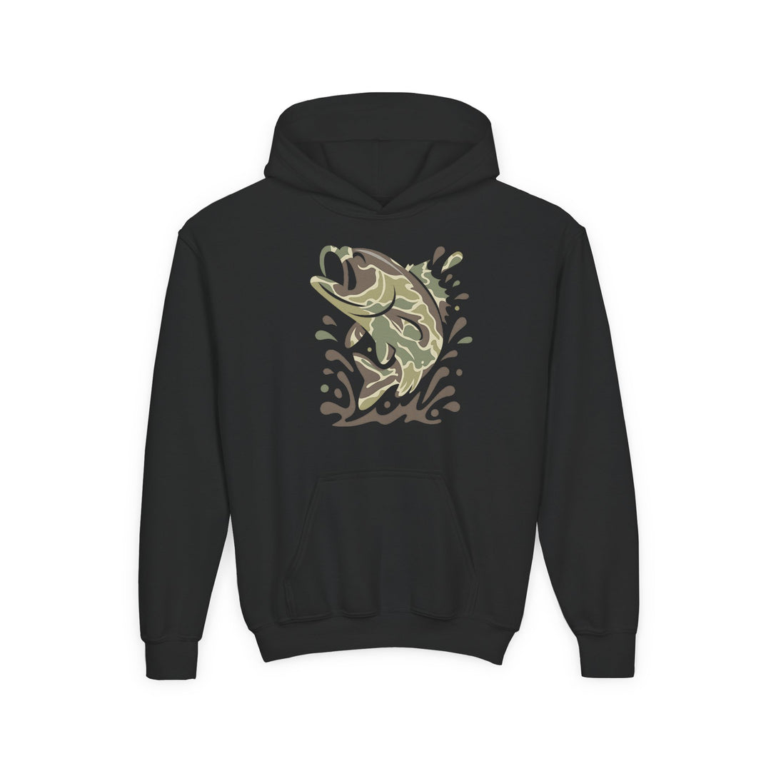 Camo Fish Youth Hoodie featuring a camo-style leaping fish graphic, ideal for kids. Made from soft, preshrunk fleece with a kangaroo pocket and reinforced neck.
