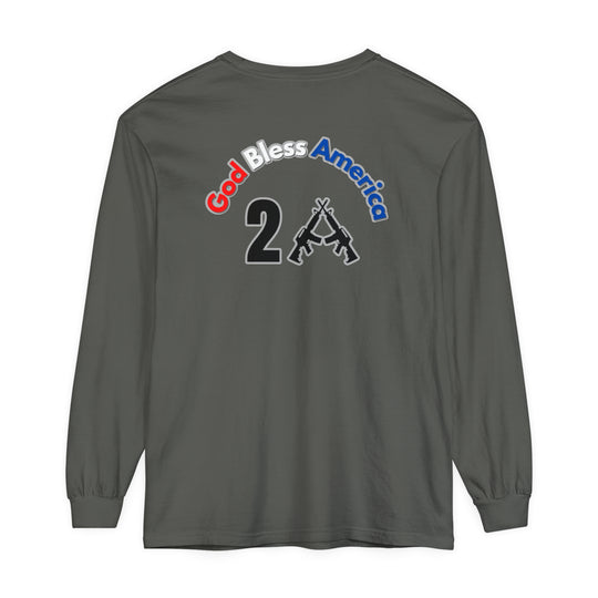 Long-sleeve grey tee with logo, featuring a sticker of two guns and a close-up of a sign. Made of 100% ring-spun cotton for softness and style. Classic fit for comfort.