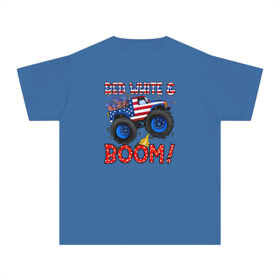 Kid's tee featuring a blue monster truck design, ideal for active days. Crafted from soft-washed, 100% combed ringspun cotton for comfort. Classic fit for all-day wear. Red White and Boom Kids Tee by Worlds Worst Tees.
