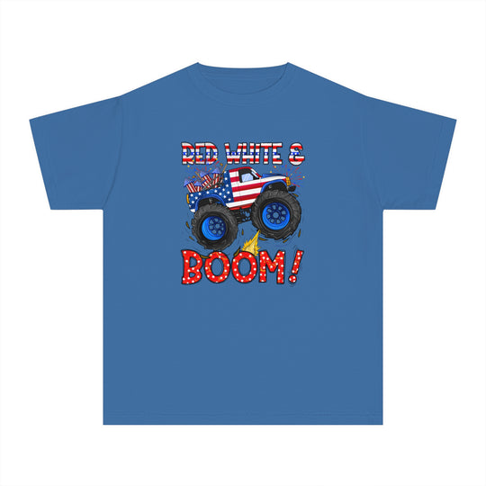 Kid's tee featuring a blue monster truck design, ideal for active days. Crafted from soft-washed, 100% combed ringspun cotton for comfort. Classic fit for all-day wear. Red White and Boom Kids Tee by Worlds Worst Tees.