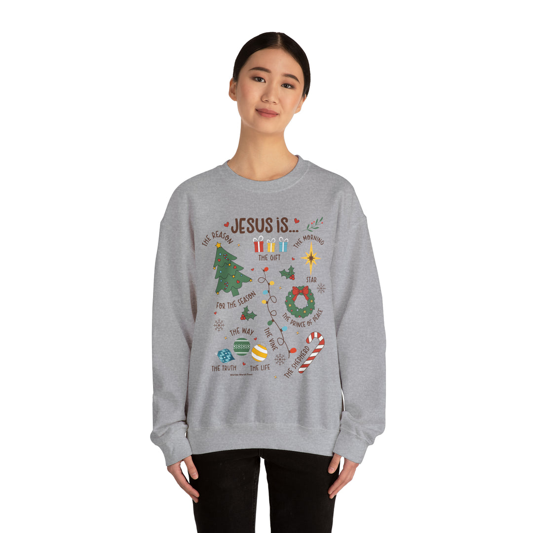 Unisex Jesus is Christmas Crew sweatshirt, grey with graphic design. Comfortable blend of polyester and cotton, ribbed knit collar, no itchy side seams. Sizes S-5XL. Ideal for any occasion.