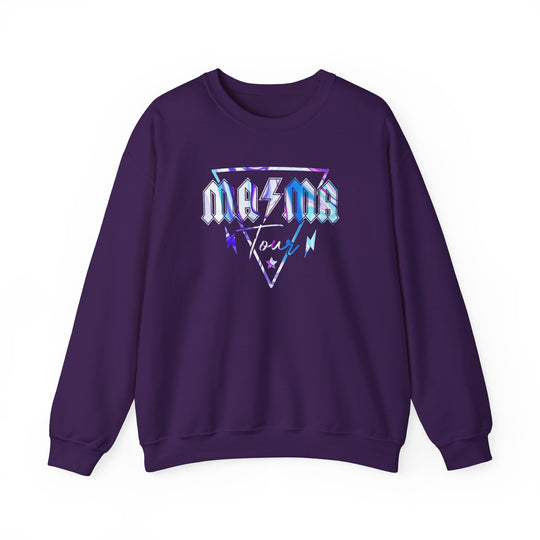 A unisex heavy blend crewneck sweatshirt, Ma/Ma Band Crew, in purple with a logo. Made of 50% cotton, 50% polyester, ribbed knit collar, no itchy side seams. Medium-heavy fabric, loose fit, true to size.