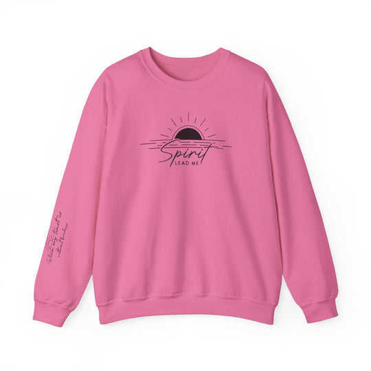 Unisex heavy blend crewneck sweatshirt, Spirit Lead me Crew, in pink with logo. Medium-heavy 50% cotton, 50% polyester fabric for cozy warmth. Ribbed knit collar, double-needle stitching for durability, tear-away label for comfort.
