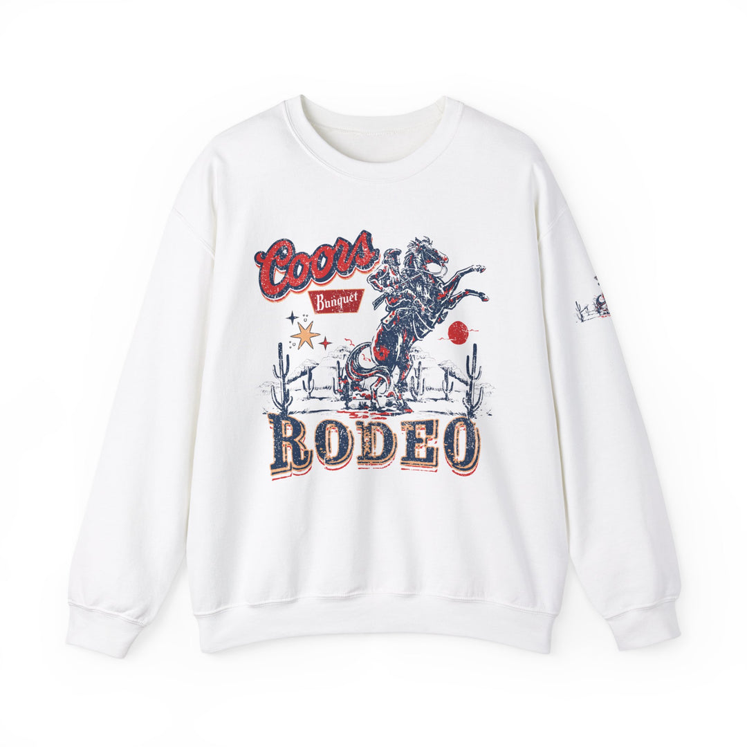 A white sweatshirt featuring a horse graphic, ideal for comfort in any situation. Unisex heavy blend crewneck with ribbed knit collar, polyester-cotton fabric, and no itchy side seams. Product title: Coors Rodeo Crew.