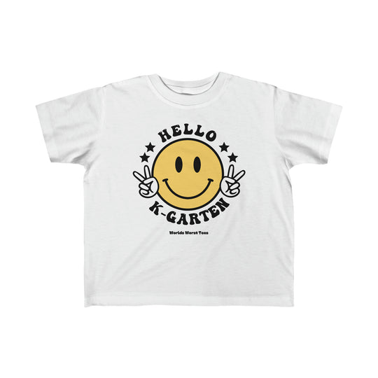 Hello Kindergarten Toddler Tee featuring a white t-shirt with a yellow smiley face and black text. Soft 100% combed ringspun cotton, light fabric, classic fit, tear-away label, perfect for sensitive skin.