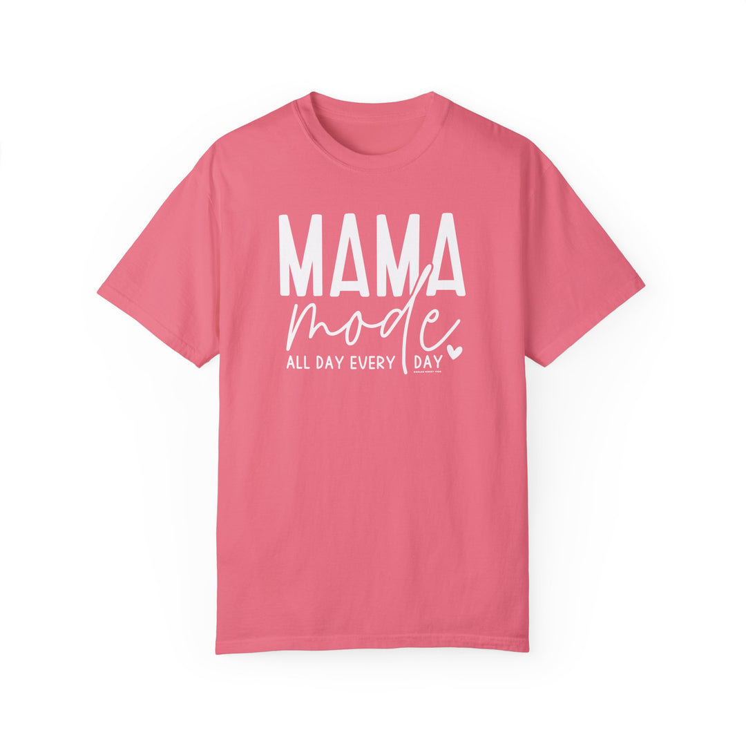 A relaxed fit Mama Mode Tee, garment-dyed for extra coziness. 100% ring-spun cotton with double-needle stitching for durability. No side-seams maintain a tubular shape. From Worlds Worst Tees.