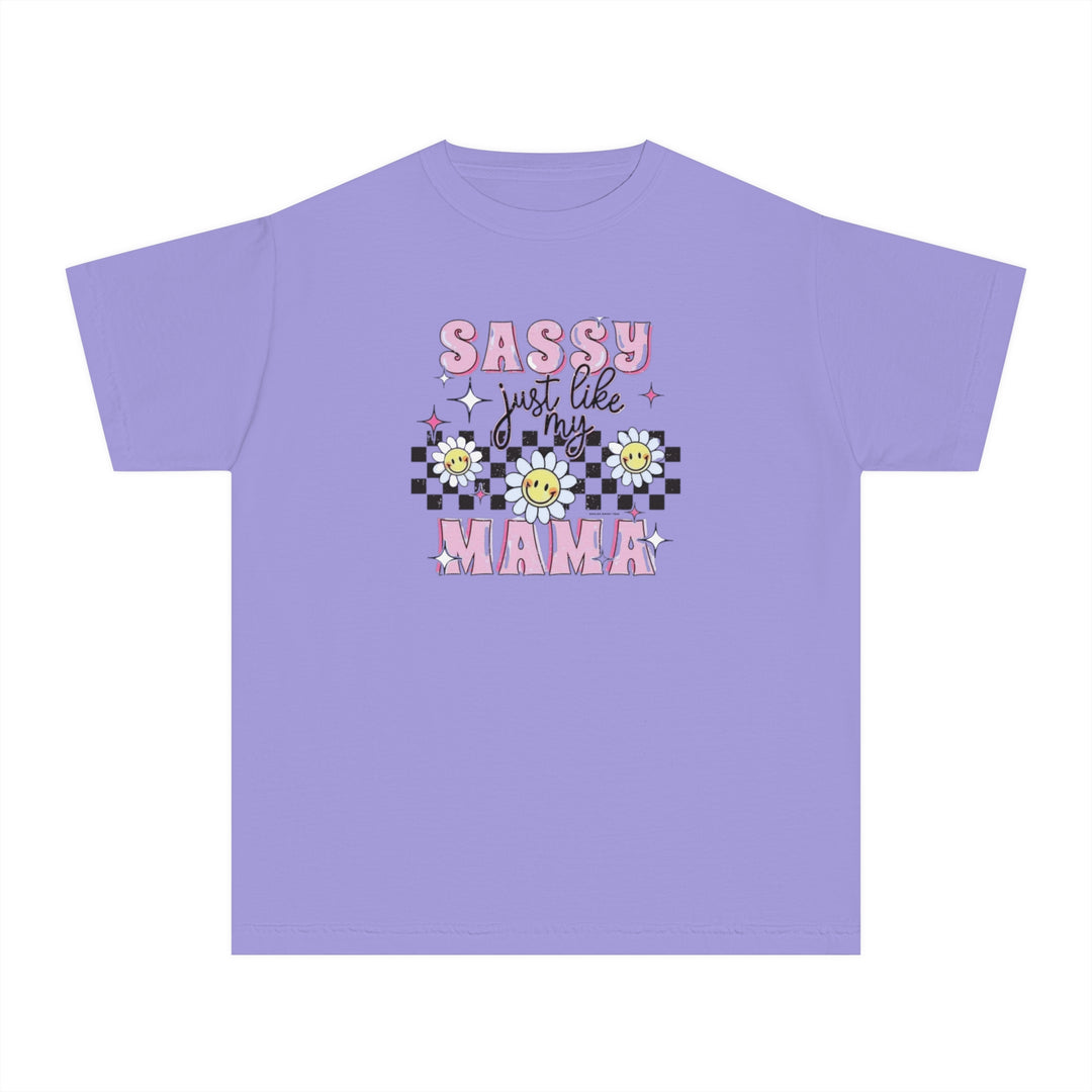 Kid's tee shirt featuring Sassy Like My Mama text, made of 100% combed ringspun cotton. Soft-washed, garment-dyed fabric in a classic fit for all-day comfort. Ideal for active kids.