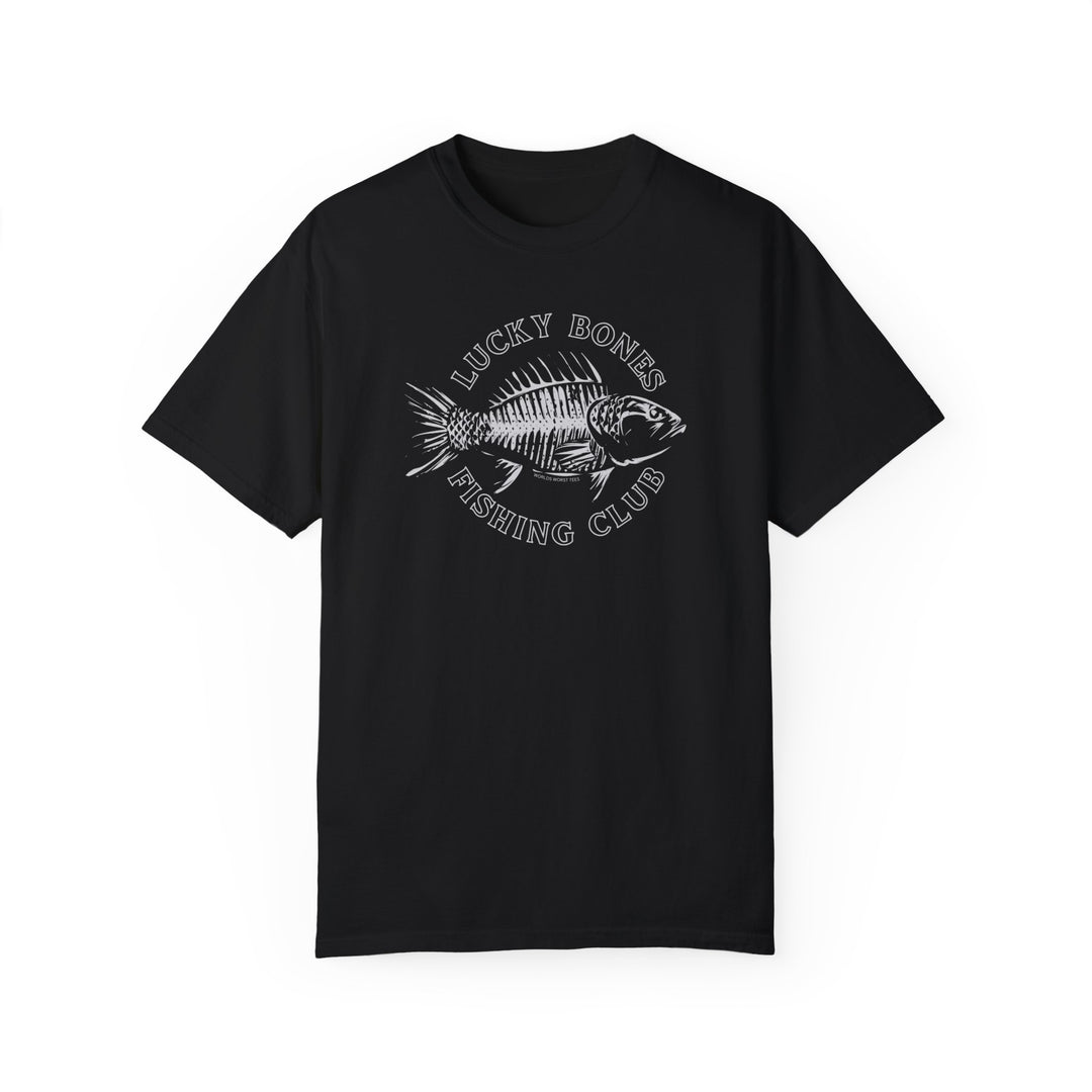 A Lucky Bones Fishing Club Tee, a black t-shirt with a fish logo, crafted from 100% ring-spun cotton for a cozy, durable wear. Relaxed fit, double-needle stitching, and no side-seams for a tubular shape.