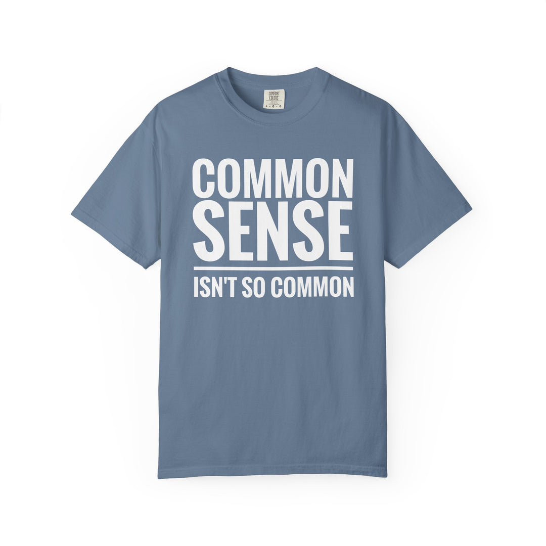 Common Sense Tee, a relaxed-fit, durable t-shirt made of 100% ring-spun cotton, featuring double-needle stitching and a classic crew neckline.