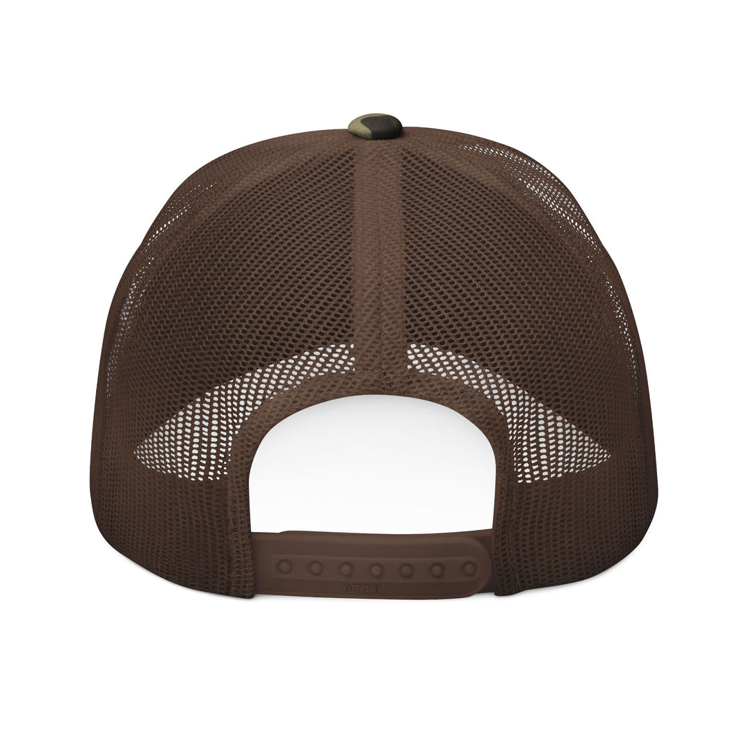 God is Greater Camouflage Trucker Hat with embroidered design, featuring a cotton front, mesh back, adjustable snap closure, and camo print for nature enthusiasts.