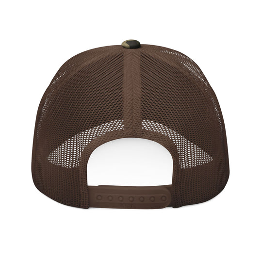 God is Greater Camouflage Trucker Hat with embroidered design, featuring a cotton front, mesh back, adjustable snap closure, and camo print for nature enthusiasts.
