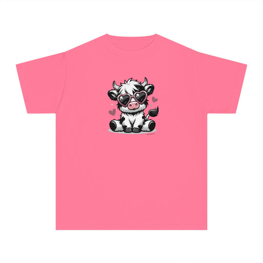 A playful pink kids tee featuring a cartoon cow in sunglasses. Made of soft 100% combed ringspun cotton for comfort and agility. Perfect for active days. From Worlds Worst Tees.