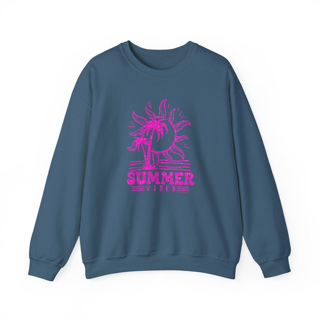 A Summer Vibes Crew unisex sweatshirt featuring a blue design with a pink sun and palm trees. Made of 50% cotton and 50% polyester, with ribbed knit collar and no itchy side seams. Medium-heavy fabric for comfort.