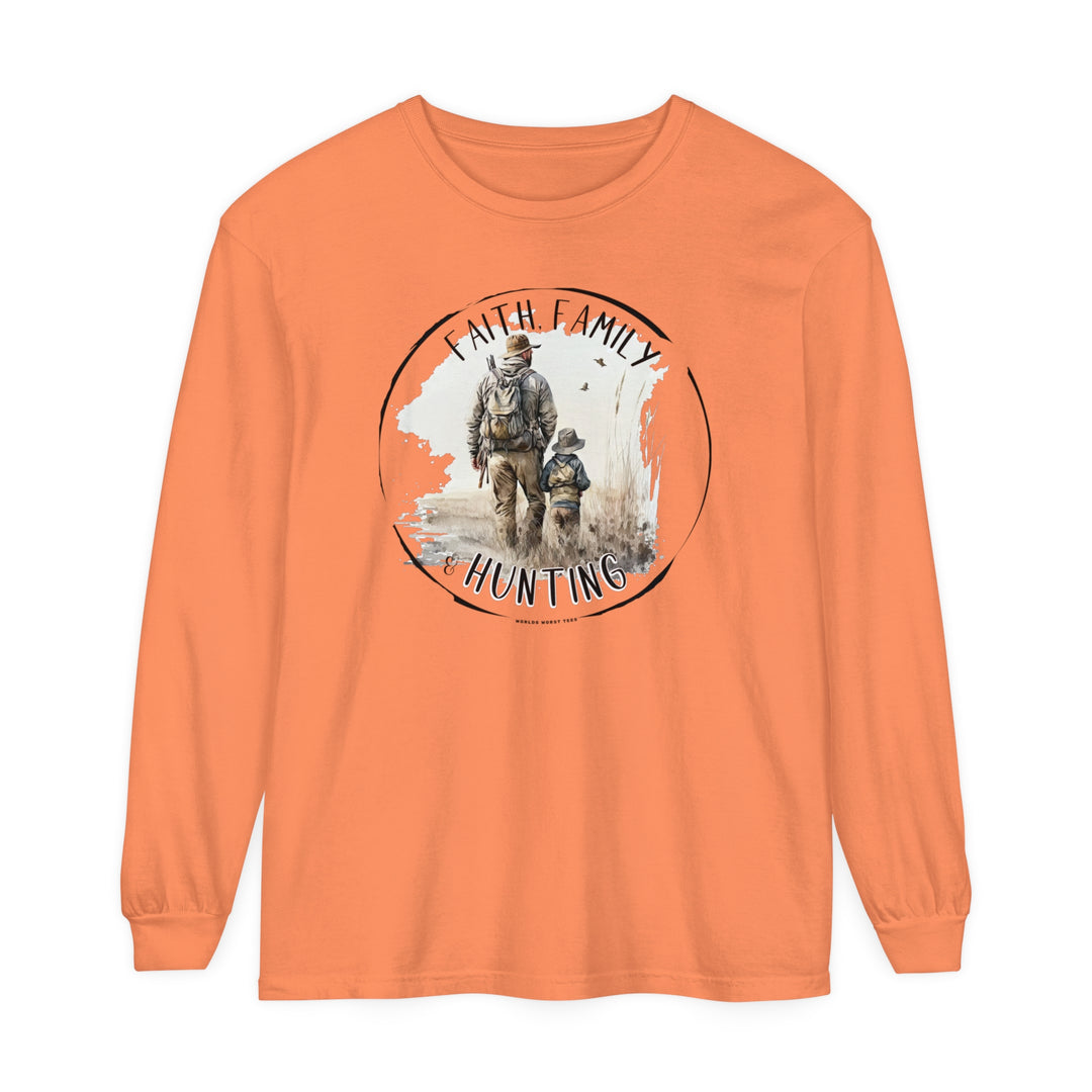 A Faith Family Hunting Long Sleeve T-Shirt in orange, featuring a man and a dog, ideal for casual wear. Made of 100% ring-spun cotton with a relaxed fit for comfort. Perfect for adding style to any setting.