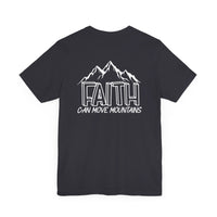 Unisex black tee with white Faith Can Move Mountains text. Airlume cotton, retail fit, ribbed collar, tear away label. Sizes XS-3XL. Lightweight fabric, durable construction. From 'Worlds Worst Tees'.