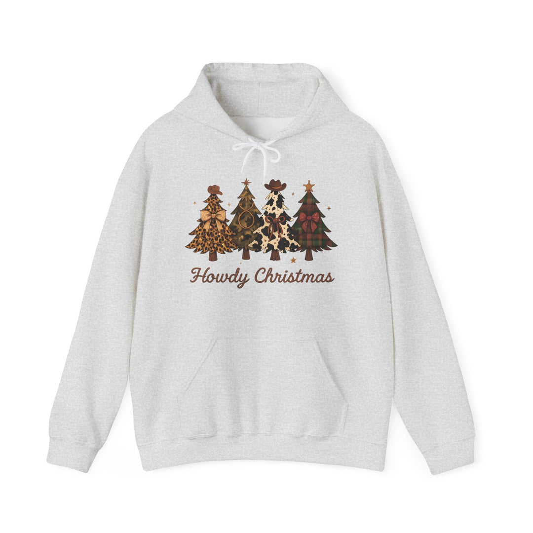 Howdy Christmas Hoodie featuring four Western-style Christmas trees with unique prints and cowboy hats, plus a Howdy Christmas slogan on light-gray fabric.
