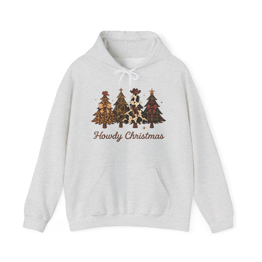 Howdy Christmas Hoodie featuring four Western-style Christmas trees with unique prints and cowboy hats, plus a Howdy Christmas slogan on light-gray fabric.