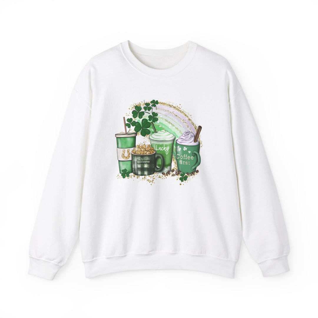 Unisex Lucky Coffee Crew sweatshirt with rainbow and green cups design. Comfortable blend of polyester and cotton, ribbed knit collar, no itchy seams. Sizes S-5XL. Ideal for all occasions.