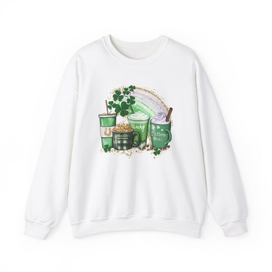 Unisex Lucky Coffee Crew sweatshirt with rainbow and green cups design. Comfortable blend of polyester and cotton, ribbed knit collar, no itchy seams. Sizes S-5XL. Ideal for all occasions.