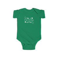 A durable and soft infant bodysuit, the One Lucky Little Onesie by Worlds Worst Tees. Made of 100% cotton, featuring ribbed knit bindings and plastic snaps for easy changing. Ideal for babies 0-24M.