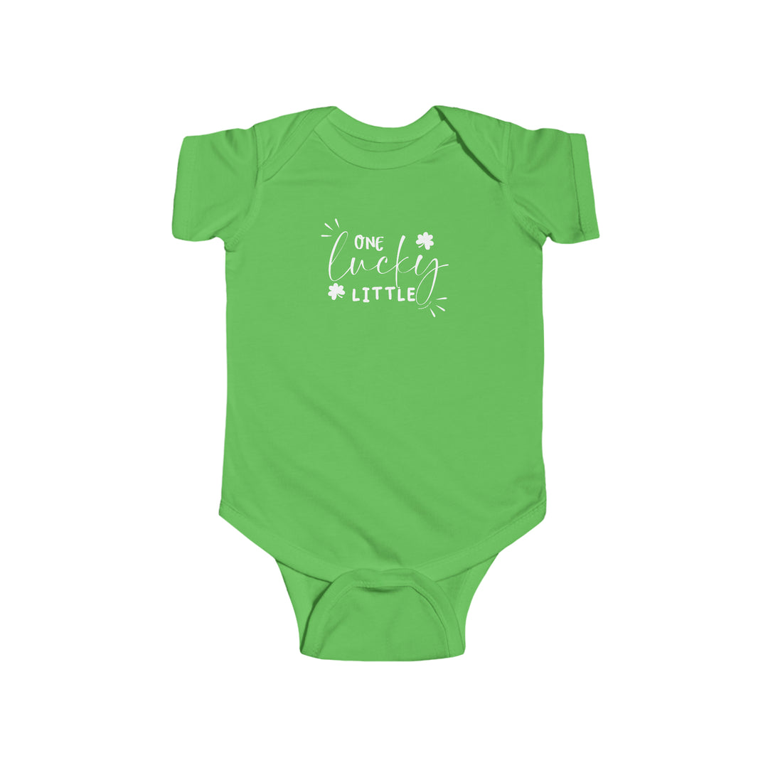 A green baby bodysuit with white text, featuring the title One Lucky Little Onesie. Made of 100% cotton, light fabric, with ribbed knit bindings for durability and plastic snaps for easy changing access. From Worlds Worst Tees.