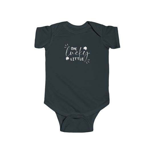 A durable and soft infant fine jersey bodysuit, the One Lucky Little Onesie by Worlds Worst Tees. Made of 100% cotton, featuring ribbed knitting for durability and plastic snaps for easy changing access.