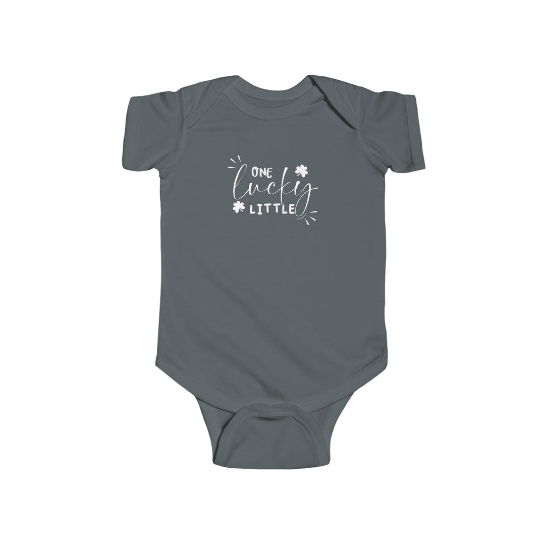 A durable and soft infant fine jersey bodysuit, the One Lucky Little Onesie by Worlds Worst Tees. Features 100% cotton fabric, ribbed knitting bindings, and plastic snaps for easy changing. Sizes range from NB to 24M.