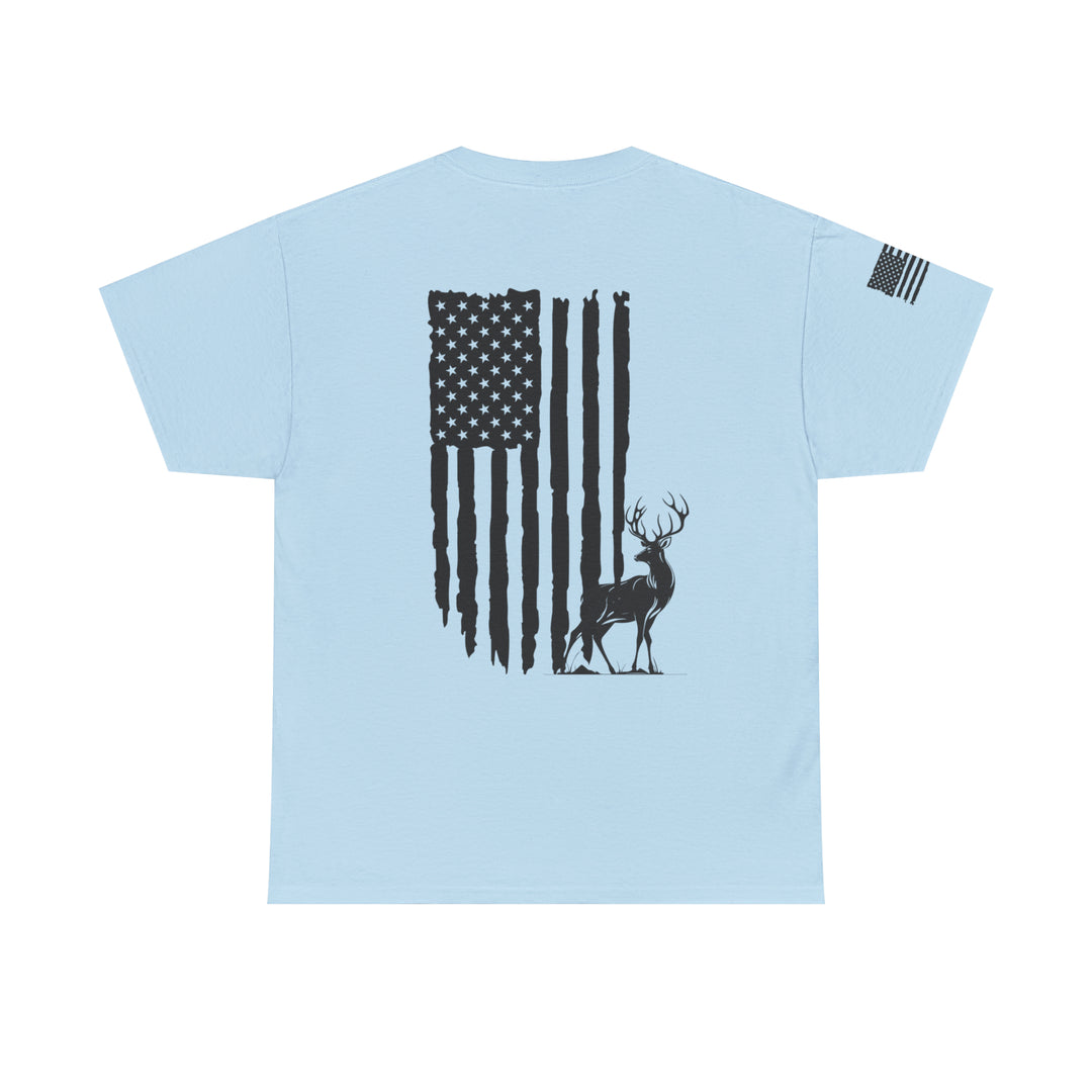 American Hunter Tee: A premium fitted men’s short sleeve shirt featuring a flag and deer design. Made of 100% combed, ring-spun cotton with a ribbed knit collar for elasticity and structural support.