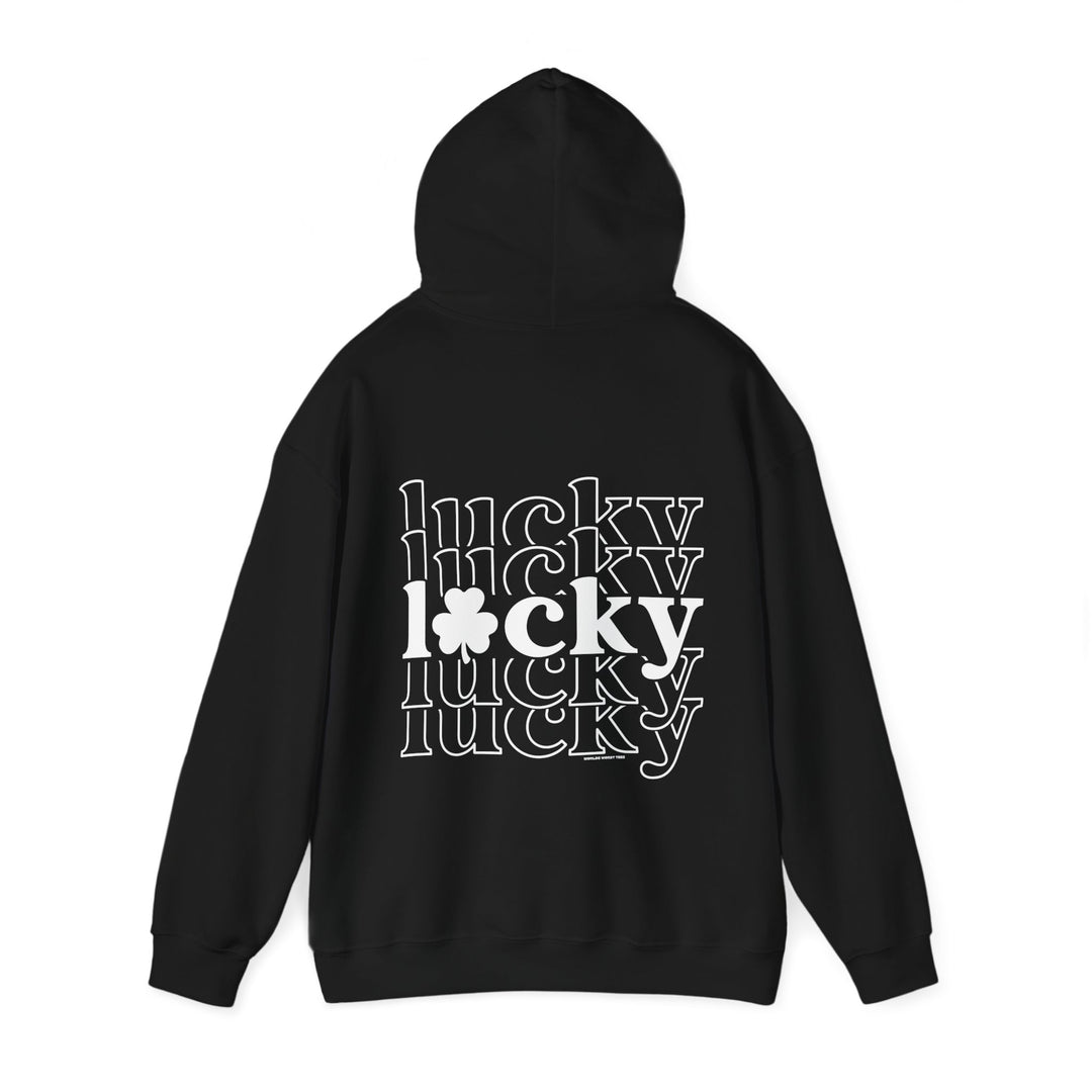 A black Lucky Lucky Lucky hoodie with white text, featuring a hood on a person's head and a black and white logo. Unisex heavy blend sweatshirt made of 50% cotton, 50% polyester, with kangaroo pocket and drawstring.