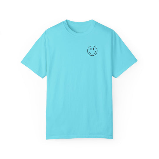 Blue tee with smiley face graphic, God Day to Have a Good Day Tee. 100% ring-spun cotton, medium weight, relaxed fit, durable double-needle stitching, seamless design for tubular shape. From Worlds Worst Tees.
