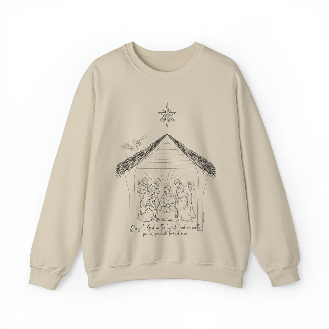 Unisex heavy blend crewneck sweatshirt with a drawing of a manger, a man, a woman, and an angel playing a trumpet. Comfortable, loose fit, ribbed knit collar, polyester-cotton blend. From Worlds Worst Tees.