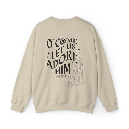 Unisex heavy blend crewneck sweatshirt with O come let us adore him Crew design. Medium-heavy fabric, ribbed knit collar, no itchy side seams. Perfect for comfort and style.